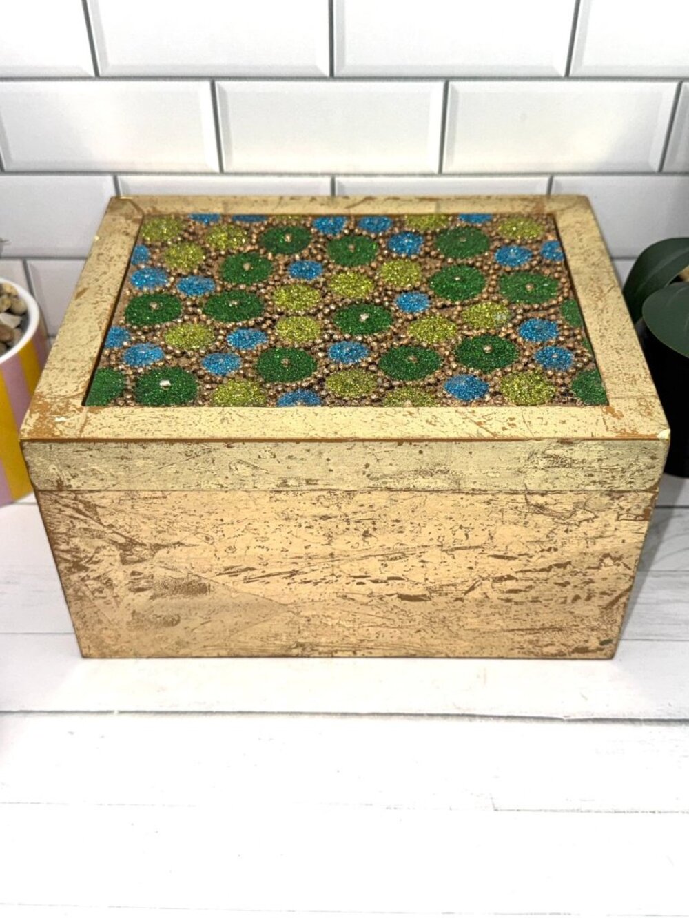 Boho Holiday Decorative Gold Box With Glittered Green & Blue Detailing